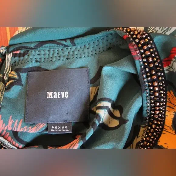 Maeve Anthropologie Teal Floral Dress Beaded Neckline | Womenβs Medium | Mini - Picture 6 of 10